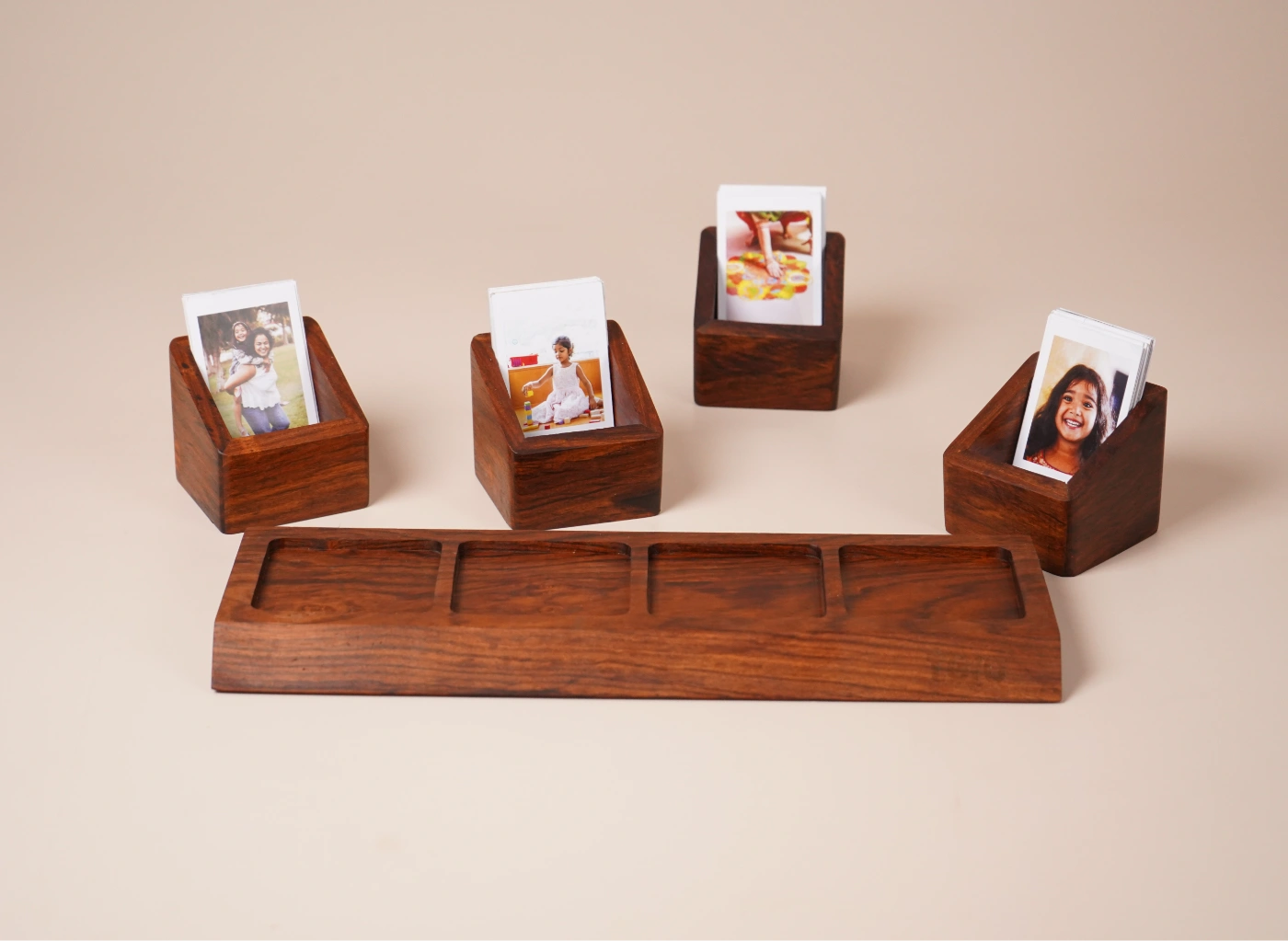Modular Wooden Organizer for Instax Mini Prints with four compartments with phots