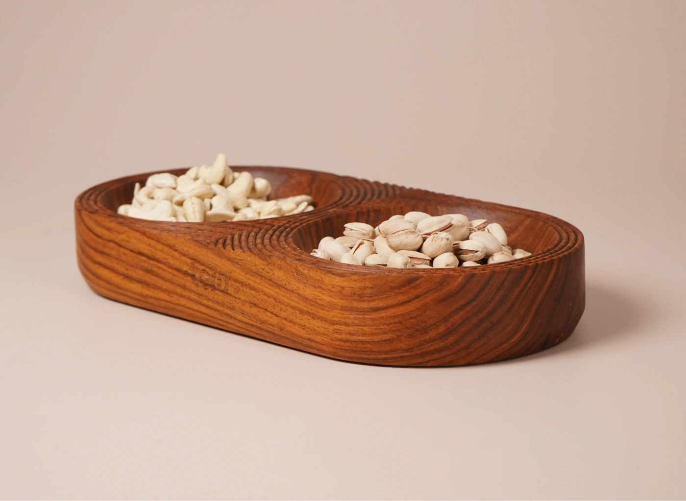 Sculpted Dual-Bowl Solid wood Serving Tray